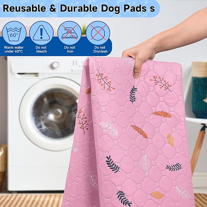 Sunheir Washable Pee Pads for Dogs 2-Pack Reusable Puppy Pads Pet Training Pads, Waterproof Dog Pee Pads for Crate, Whelping Pad, Non-Slip Protects Against Urine Leakage (Leaves - Pink, 24x36)
