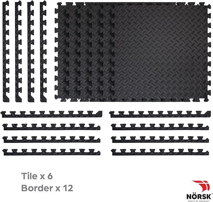Norsk Foam Floor Gym Mats with Interlocking Tiles, .47" Thick, 24"x24", 60-Pack, 240 Square Feet, Diamond Plate Design, Black