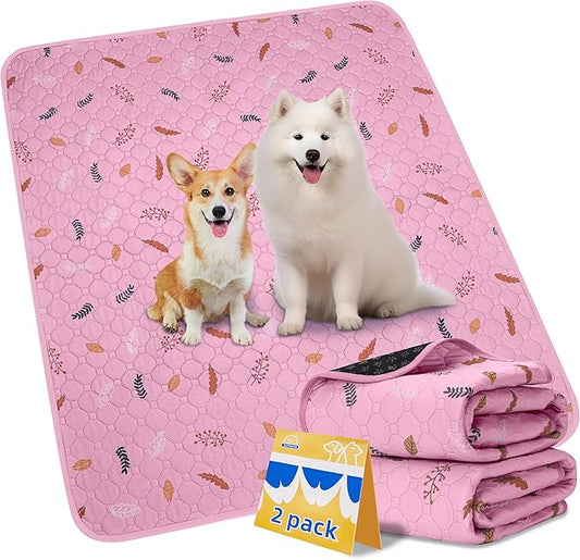 Sunheir Washable Pee Pads for Dogs 2-Pack Reusable Puppy Pads Pet Training Pads, Waterproof Dog Pee Pads for Crate, Whelping Pad, Non-Slip Protects Against Urine Leakage (Leaves - Pink, 31x36)