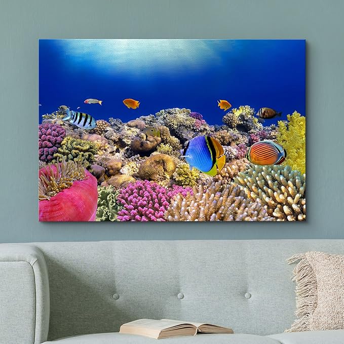 wall26 Canvas Print Wall Art Vibrant Coral Reef Anemone Fish Ecosystem Nature Animals Photography Realism Rustic Scenic Landscape Wilderness Earth Colorful for Living Room, Bedroom, Office - 16"x24"