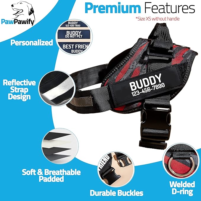 PawPawify Custom No Pull Dog Harness with Name and Phone Number, Heavy Duty Personalized Pet Vest to Prevent Tugging, Pulling, or Choking, Training and Walking (Camouflage Red, XXL (Chest 36-42in))