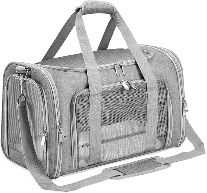 Soft-Sided Cat/Dog/Pet Carrier, Collapsible Pets Travel Carriers for Big Cats/Small Dogs with Shoulder Strap & Removable Mat, Mesh Puppy Carry Bag, Up to 25 Lbs(Gray)