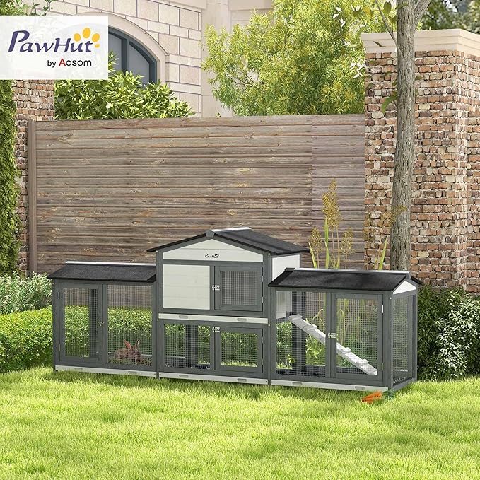 PawHut 90.5" Wooden Rabbit Hutch Bunny Cage Pet Playpen House Enclosure with Double Side Run Boxes, No Leak Tray, Ramp, for Guinea Pig and Small Animals, Light Gray