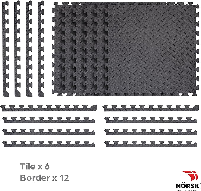 Norsk Foam Floor Gym Mats with Interlocking Tiles, .47" Thick, 24"x24", 36-Pack, 144 Square Feet, Diamond Plate Design, Grey