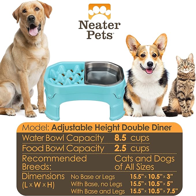 Neater Pet Brands – Neater Raised Slow Feeder Dog Bowl – Elevated and Adjustable Food Height - (Double Diner/w Metal Bowl, Aquamarine)