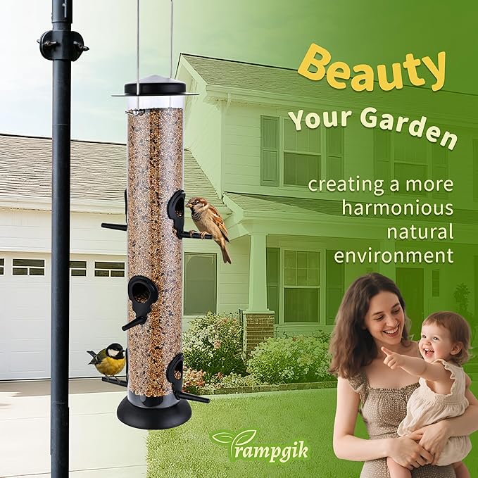 Bird Feeders for Outdoors Hanging,Finch Feeders for Outside,Chew-Proof Hanging Bird Feeder,Rust-Proof Birdfeeder,Squirrel Proof 6 Ports Metal Bird Feeder,14 Inch,1 Pack,Black