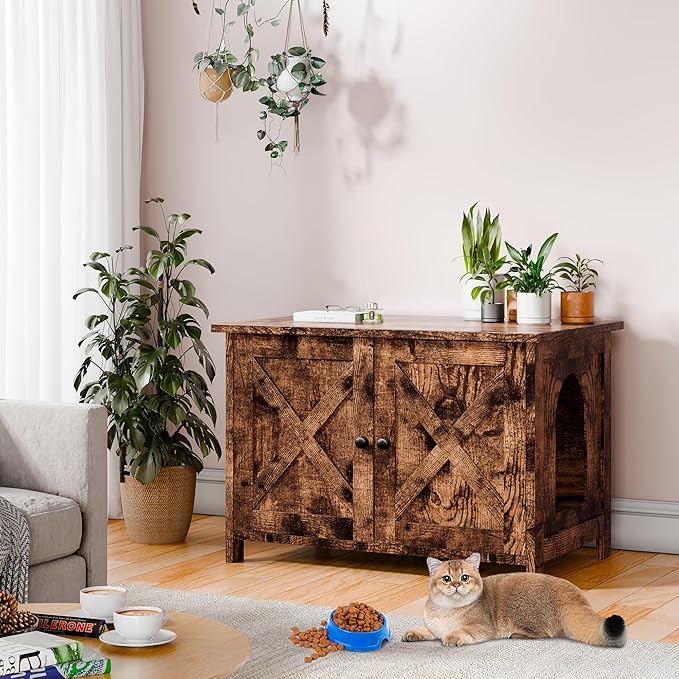 Vongrasig Cat Litter Box Enclosure,Litter Box Furniture Hidden with Barn Door,Wooden Cat Washroom Furniture,Cat House,End Table, Fit Most of Litter Box, Brown