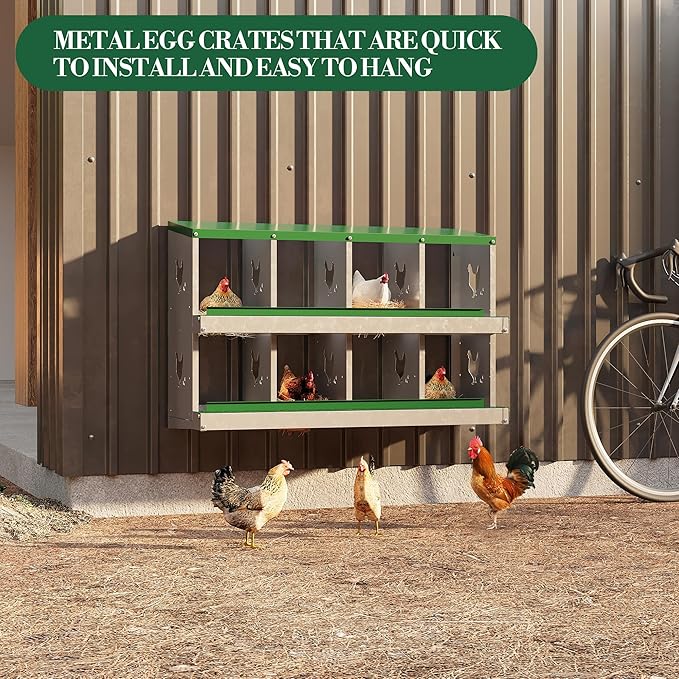8 Hole Chicken Nesting Box with Roll Out Egg Tray, Rustproof & Ventilated Chicken Laying Boxes for Hens, Chickens, Ducks | Easy-Clean Poultry Coop Accessories