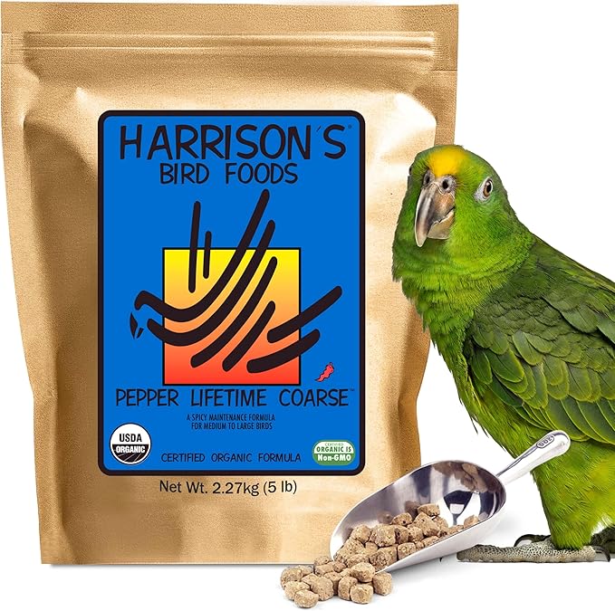 Harrison's Bird Foods Pepper Lifetime Coarse - Certified Organic, Non-GMO Formula for Medium to Large Birds - Premium, Nutrition for Long-Term Health, Vitality & Wellness - 5 lb Bag