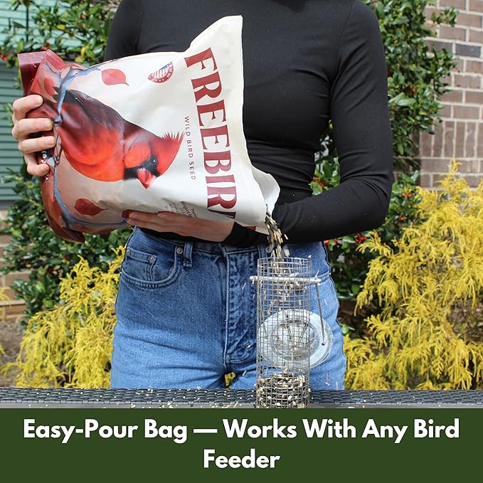 Wild Bird Seed for Outside Feeders by Freebird - Premium Songbird Blend with Sunflower, Safflower, Peanut Pieces, Red Millet and White Millet for Cardinals, Finches, and Colorful Wild Birds - 5lb Bag