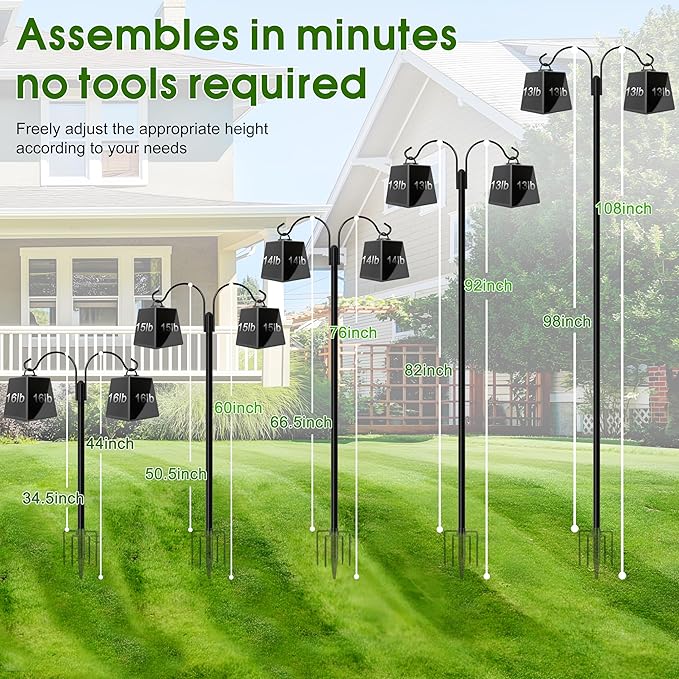 XDW-GIFTS Shepherds Hooks for Outdoor, 2-Pack 108 Inch Heavy Duty Bird Feeder Pole, Garden Pole for Hanging Plants, Lantern, Hummingbird Feeder, Hanging Plant Stand with 5 Base Prongs