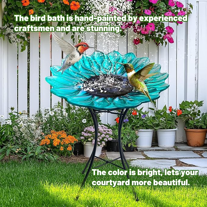 HONGLAND Bird Bath for Outside-Bird Baths for Outdoors-Glass Large Birdbaths Bowl with Metal Stand for Garden Patio Lawn Decor - Green