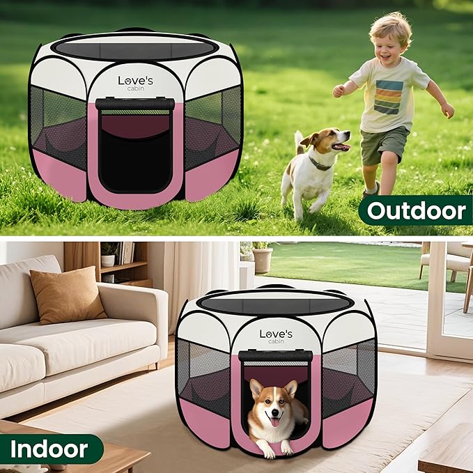 Love's cabin Pet Puppy Dog Playpen, Large Dog Tent Crates Cage Indoor/Outdoor, Portable Playpen for Cat, Foldable Pop Up Dog Kennel Playpen with Carring Case, Removable Zipper Top, Pink
