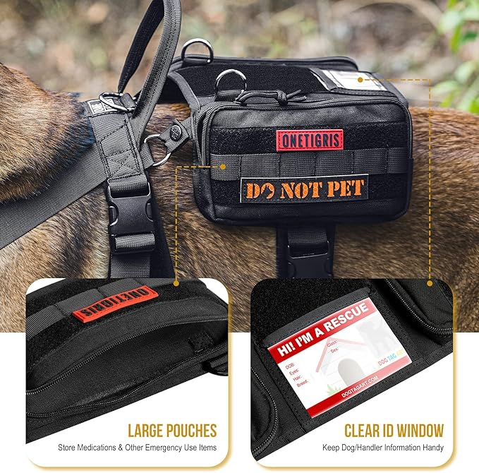 OneTigris Service Dog Vest Harness, Service Dog Cape Guardian Dog Backpack Harness with Pouches Dog Saddle Bag for Small Medium and Large Dogs (Black, M)