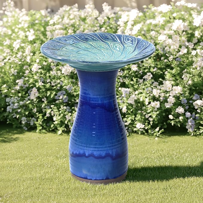 LuxenHome 20 Inch Ceramic Bird Bath for Outside, Elegant Tall Outdoor Bird Bath, Lightweight Pedestal Glazed Birdbaths for Outdoors with Leaf Pattern, Deep Cobalt Blue