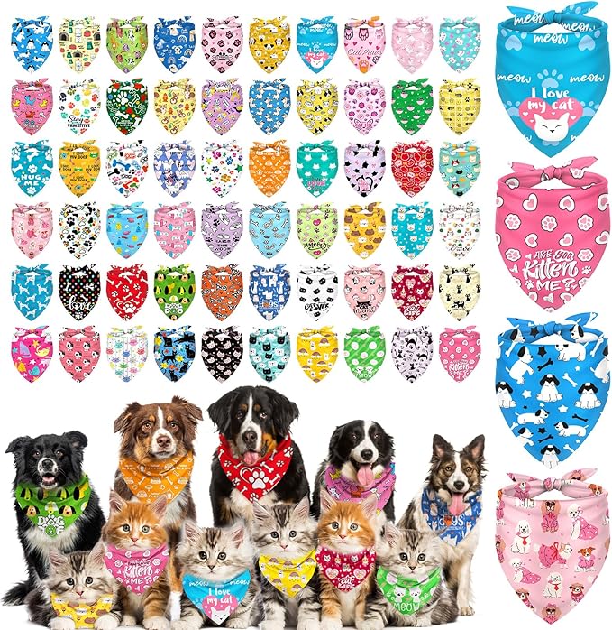 Dog Bandanas Bulk, Adjustable Cat Outfit, Pet Bibs Colorful Triangle Scarf Pet Bandanas for Medium Large Dogs Birthday Costume Decoration (60PCS_Classic)