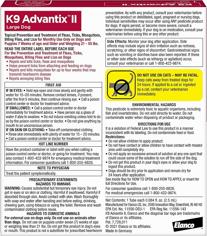 K9 Advantix II Large Dog Vet-Recommended Flea, Tick & Mosquito Treatment & Prevention | Dogs 21-55 lbs. | 1-Mo Supply