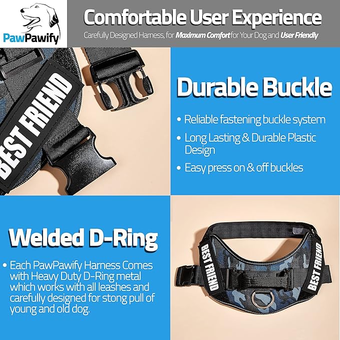 PawPawify Custom No Pull Dog Harness with Name and Phone Number, Heavy Duty Personalized Pet Vest to Prevent Tugging, Pulling, or Choking, Training and Walking (Camouflage Navy, S (Chest 16-21in))