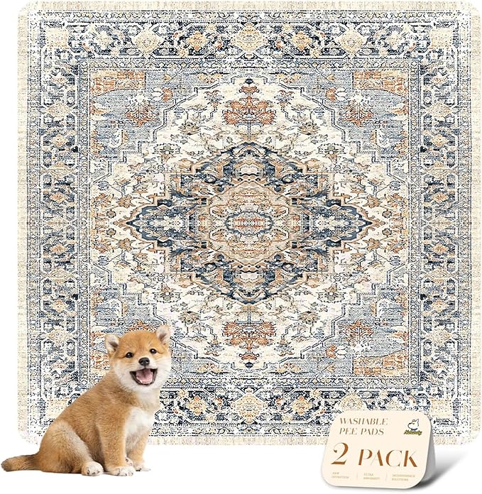 nunubaby Washable Pee Pads for Dogs, Stylish, Non-Slip and Leak-Proof Pee Pads. Reusable Potty Pads for Dogs for Crates and Floors.(Beige/Multi, 36" x36" )