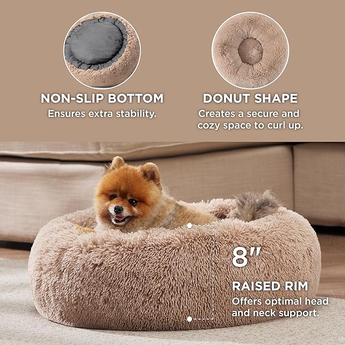 Bedsure Calming Dog Bed for Small Medium Dogs - Donut Washable Medium Puppy Bed, 27 inches Anti-Slip Round Fluffy Plush Faux Fur Pet Bed, Camel