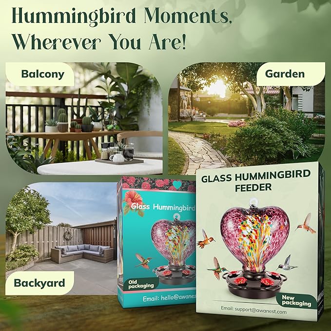 Hand Blown Glass Hummingbird Feeder for Outdoors All Season Use - 28 Fl. Oz. Leak Proof Hummingbird Feeder with Rust Proof Base - Includes Ant Moat, Ant & Bee Proof (Purple)