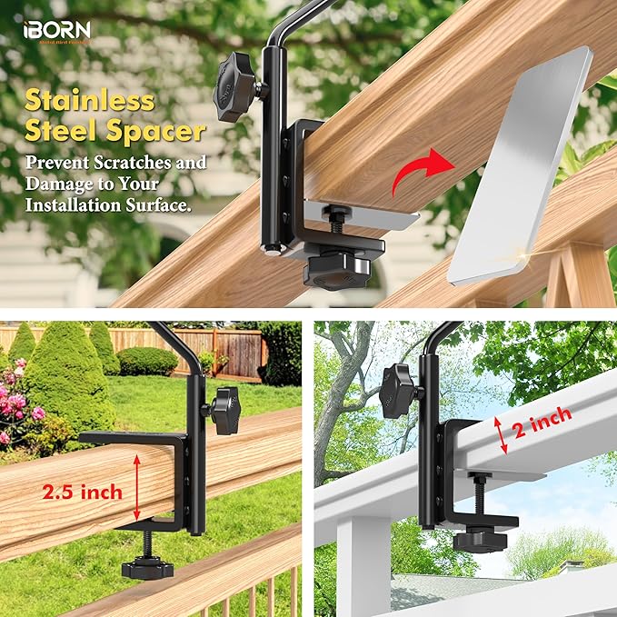 iBorn Bird Bath for Outside,Deck Mounted Bird Bath 12in，Bird Baths for Outdoors with Adjustable Clamp 3.2in，BPA-Free Bowl，360°Swivel & Adjustable Height Bracket，Detachable Bird Bath, Pack of 1