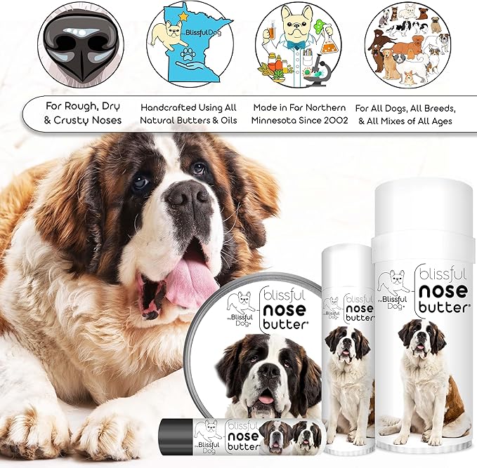 The Blissful Dog Saint Bernard Nose Butter for Dry, Cracked Skin, Lick-Safe Dog Nose Balm with Moisturizing Shea Butter, Almond, Olive, and Essential Oils, Pet Supplies, Uncented, 0.15 oz.