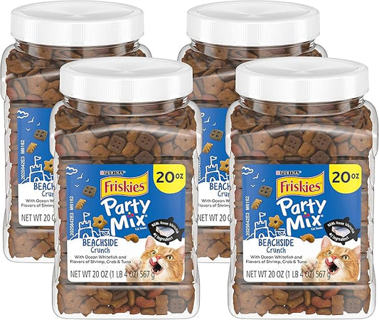 Purina Friskies Party Mix Cat Treats, Beachside Crunch, Made with Ocean Whitefish, Crunchy Cat Treats for Adult Cats, 20-Ounce Resealable Canister (Pack of 4)