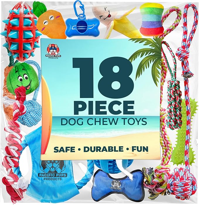Pacific Pups 18 Piece Bulk Dog Toy Pack - Chew, Plush, and Rope Dog Toys to Keep Them Busy - Puppy Teething Chew Toys, Treat Ball, Squeaky Plushies, Tug of War Ropes, Rubber Chew - Helps Rescue Dogs