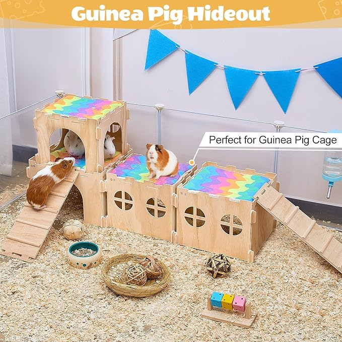 Guinea Pig Hideout, Guinea Pigs House with Stairs and Mats Extra Large Guinea Piggy Castle Detachable Hideouts for Small Animals Wooden Guinea Pig Habitats with Multiple Doors and Windows