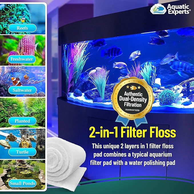 Aquatic Experts Aquarium Filter Floss for Fish Tank Filters - FilterFirst Aquarium Filter Pad - Media Roll for Crystal Clear Water, 12" x 12' x ¾ to ½ Thick