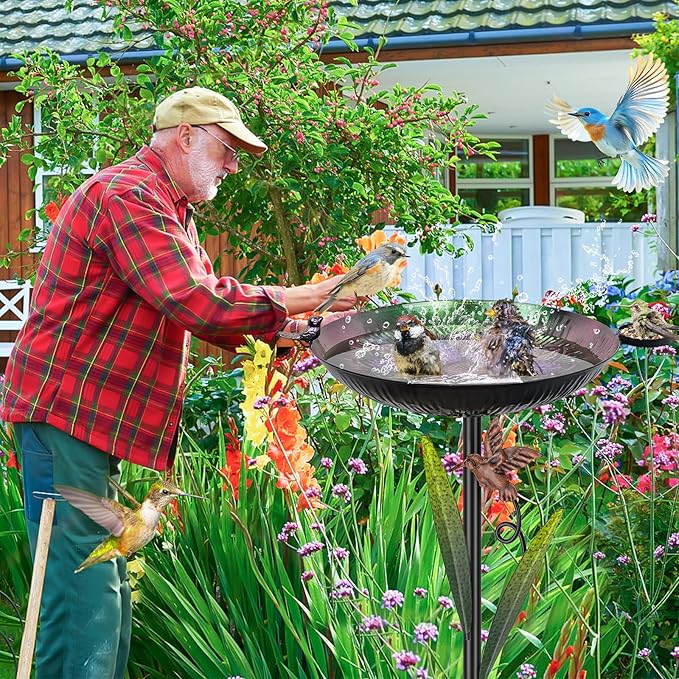41.5" Metal Bird Bath for Outside, Detachable Birdbath Sturdy 5-Prong Stake Base with Bowl & Decorative Birds, Durable Iron Garden Birdbath & Feeder for Patio Wildlife Décor (Purple to Green)