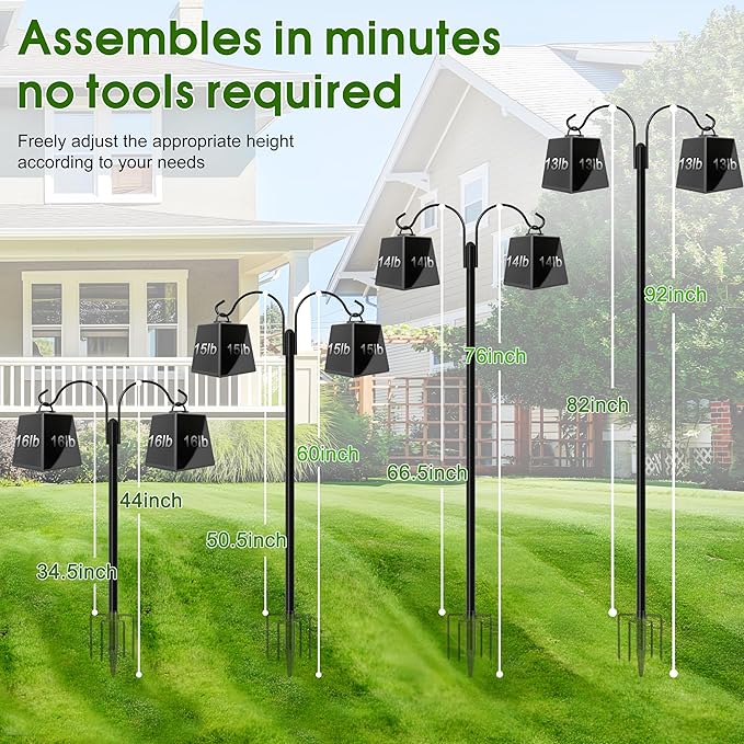 XDW-GIFTS Shepherds Hooks for Outdoor, 2-Pack 92 Inch Heavy Duty Bird Feeder Pole, Garden Pole for Hanging Plants, Lantern, Hummingbird Feeder, Hanging Plant Stand with 5 Base Prongs
