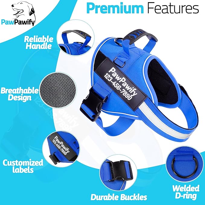 PawPawify Custom No Pull Dog Harness with Name and Phone Number, Heavy Duty Personalized Pet Vest to Prevent Tugging, Pulling, or Choking, Training and Walking (New Blue, XS (Chest 14-17in))