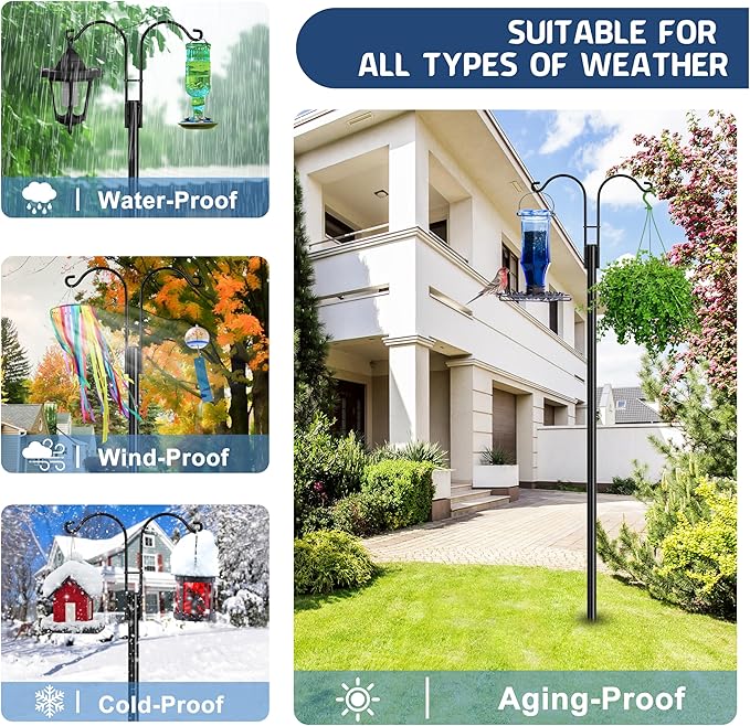 Ottsuls Bird Feeder Pole, 2 Pack 108 INCH Double Shepherds Hooks for Outdoor, Garden Pole with 5 Base Prongs Heavy Duty Planter Hooks for Hanging Plant Baskets, Lantern, Hummingbird Feeder