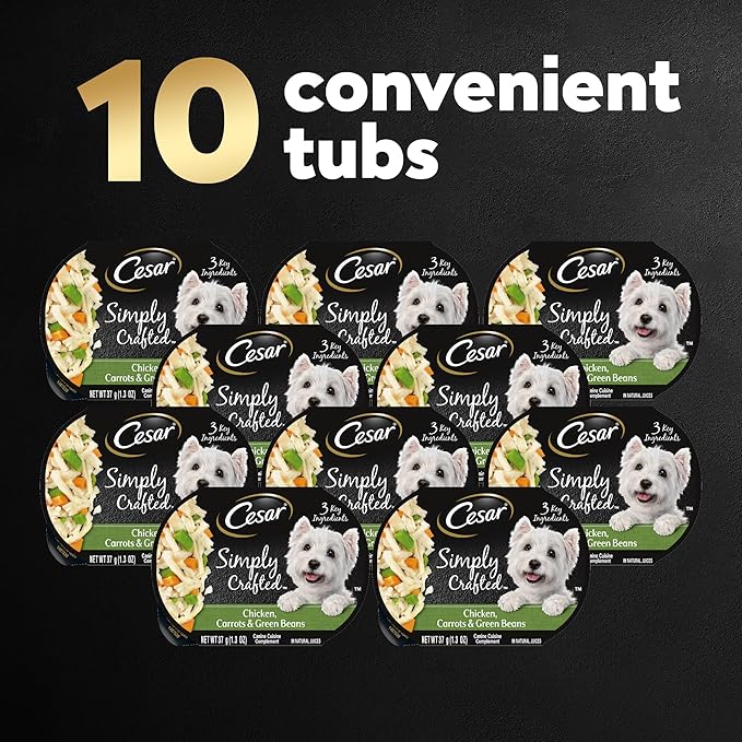 Cesar Simply Crafted Adult Wet Dog Food Meal Topper, Chicken, Carrots & Green Beans, 1.3oz. (10 Count, Pack of 1)