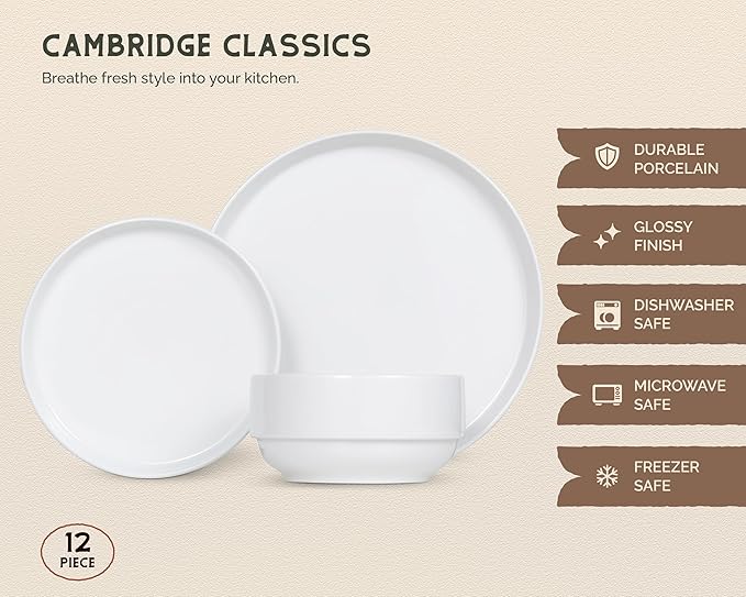 Ceramic Dinnerware Set, 12-Piece Service for 4, Soup Bowls (31.5 oz), Salad Plates (7.5"), Dinner Plates (10.5"), Round, Microwave and Dishwasher Safe, White, Cambridge Classics