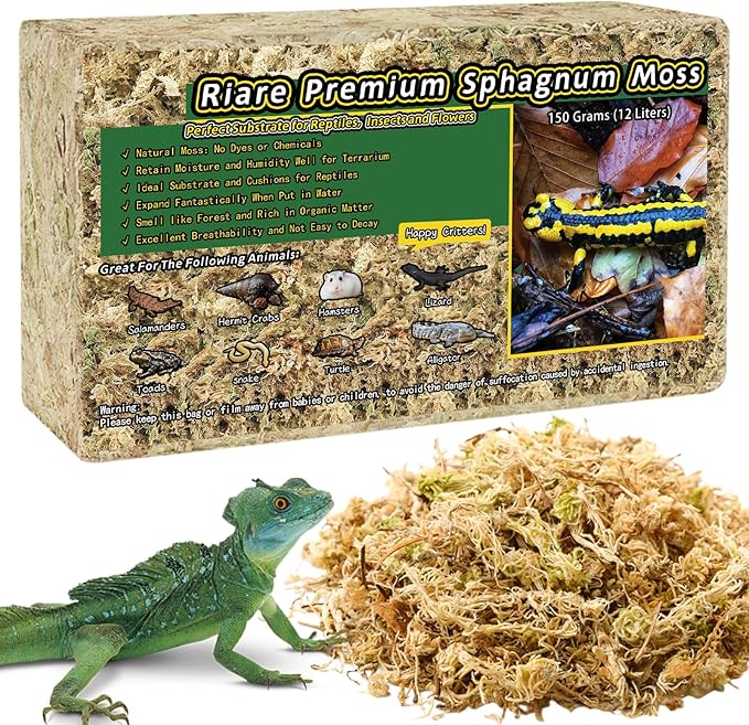 Riare 5.3OZ Premium Sphagnum Moss for Reptiles- 6QT Natural Reptile Moss Dried, Forest Live Moss for Terrarium, Frogs Snake Peat Moss Bedding for Leopard Gecko Turtle Anoles Salamanders Orchids Plants
