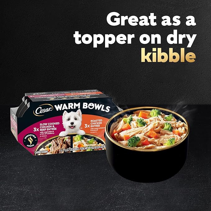 Cesar Warm Bowls Wet Dog Food Variety Pack: Chicken & Beef; and Chicken Entrées, 2.7 oz Trays (6 Count, Pack of 1)