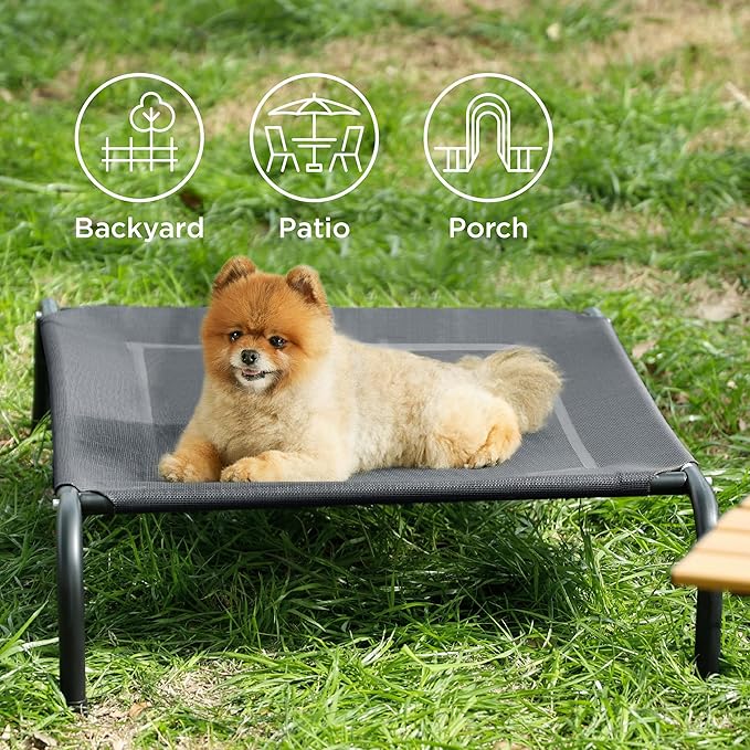 Bedsure Outdoor Elevated Dog Beds for Small Dogs, Portable Indoor & Outdoor Cooling Raised Cot Pet Hammock Bed with Skid-Resistant Feet, Frame with Breathable Mesh, Grey, 35 inches