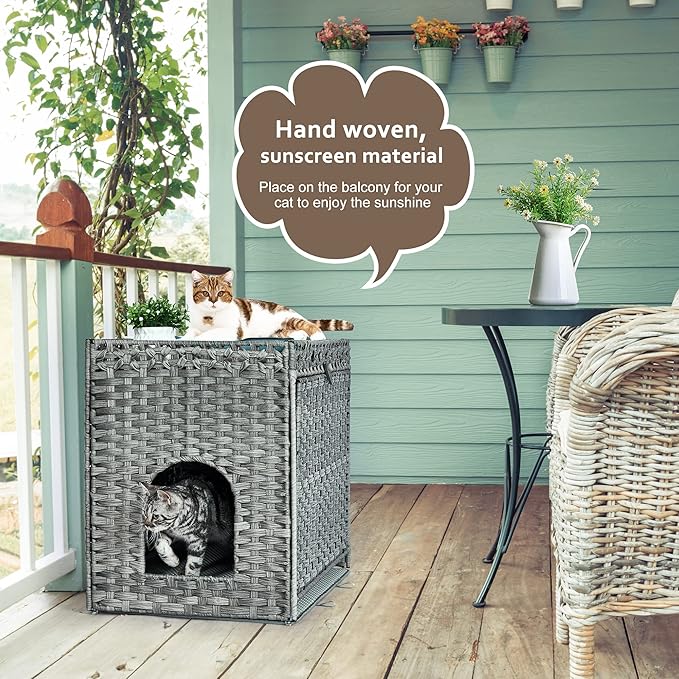 Cat Litter Box Enclosure with Soft Litter Mat; Hidden Kitten Washroom Furniture with Door; Handwoven Rattan Cat House with Large Space; Pet Crate for Living Room, Bedroom, Balcony (Grey)