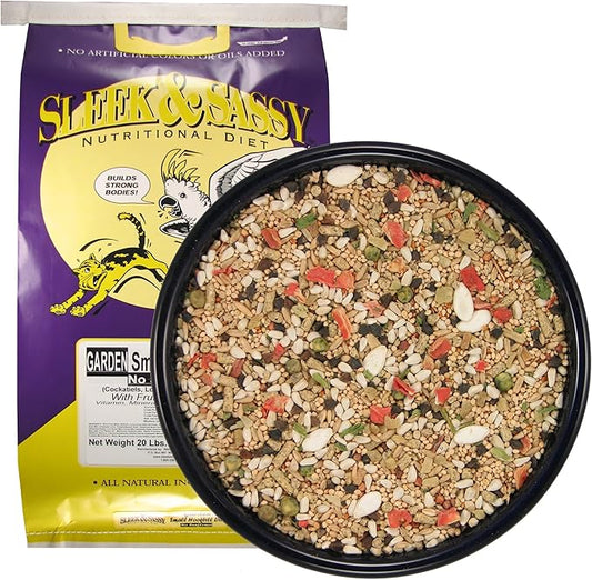 SLEEK & SASSY Garden Small Hookbill No Sunflower Bird Food for Lovebirds, Cockatiels, Quaker Parrots & Small Conures (20 lbs.)