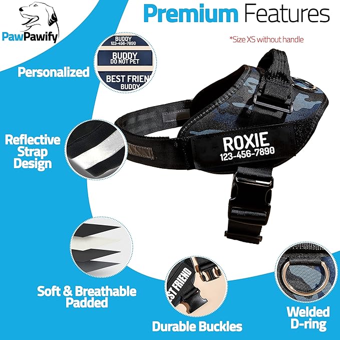 PawPawify Custom No Pull Dog Harness with Name and Phone Number, Heavy Duty Personalized Pet Vest to Prevent Tugging, Pulling, or Choking, Training and Walking (Camouflage Navy, M (Chest 20-24in))