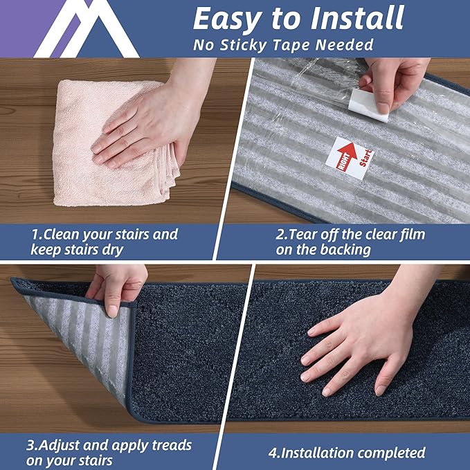 COSY HOMEER Edging Stair Treads Non-Slip Carpet Mat 28inX9in Indoor Stair Runners for Wooden Steps, Edging Stair Rugs for Kids and Dogs, 100% Polyester TPE Backing (15pc, Navy)