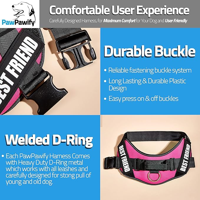 PawPawify Custom No Pull Dog Harness with Name and Phone Number, Heavy Duty Personalized Pet Vest to Prevent Tugging, Pulling, or Choking, Training and Walking (Pink, M (Chest 20-24in))
