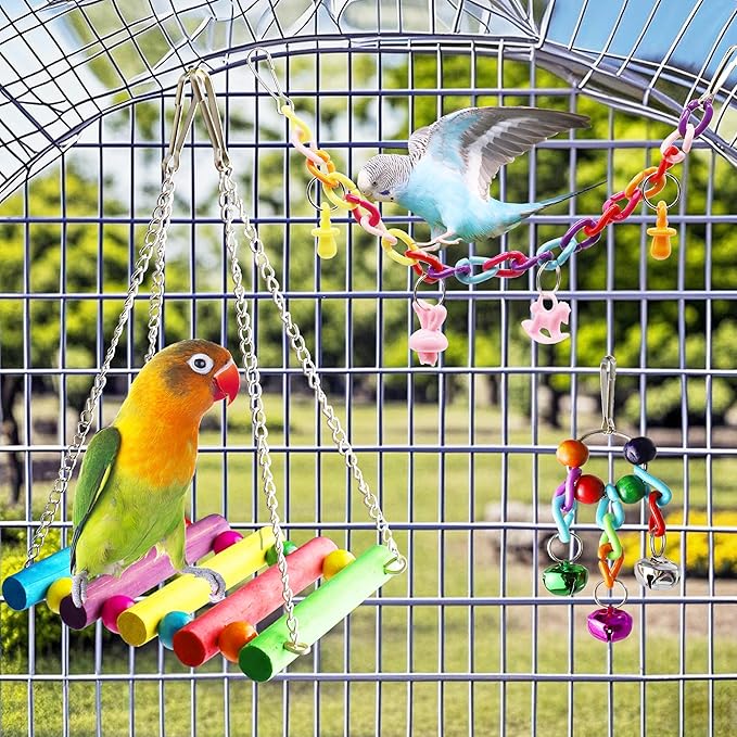 Bird Parakeet Cockatiel Toys, ESRISE Birds Cage Accessories Swing Climbing Ladders Wooden Perch Toy for Conures Finche Budgies Lovebird Parrot
