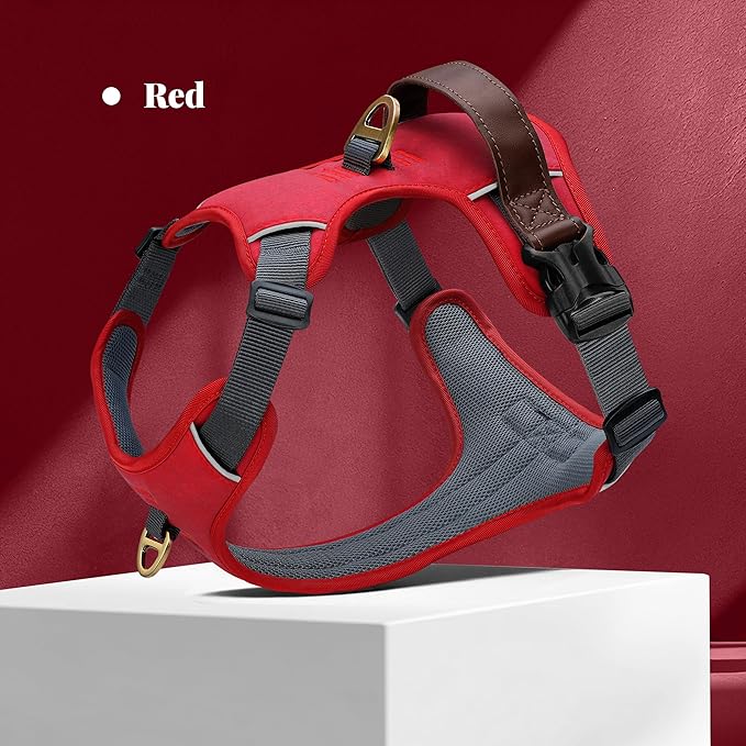 No Pull Dog Harness Small Sized Dog,Stylish PU Leather Vest with Easy Control Handle,No Choke Front Clip with 2 Metal Leash Clips,Reflective & Adjustable for Walking,Red,Chest 19-24"