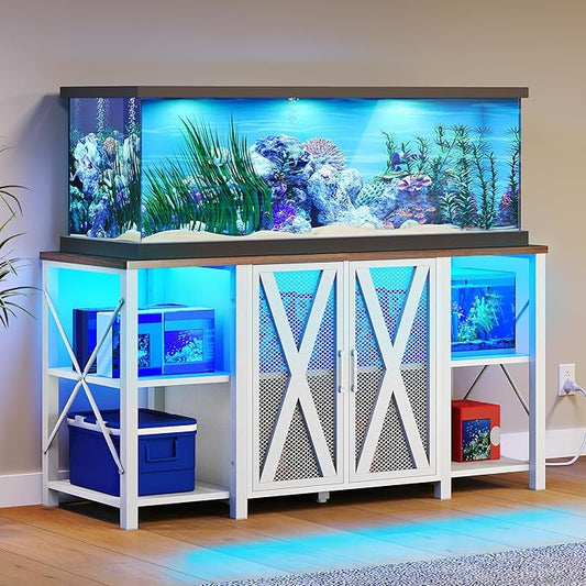 YITAHOME 90-120 Gallon Reptile Tank Stand with Power Outlet & LED Light, Heavy Duty Aquarium Stand with Accessories Storage Cabinet - Metal Fish Tank Stand for Turtle, Reptile, 2000LBS Capacity, White