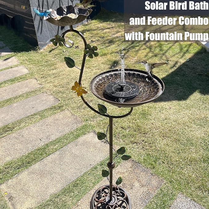 Bird Baths for Outdoors with Solar Fountain, 44" Tall Cast Iron Pedestal Bird Bath and Feeder, Vintage Sturdy Heavy Duty Birdbath Bowl, Decorative Birdbaths for Outside Garden Yard Porch