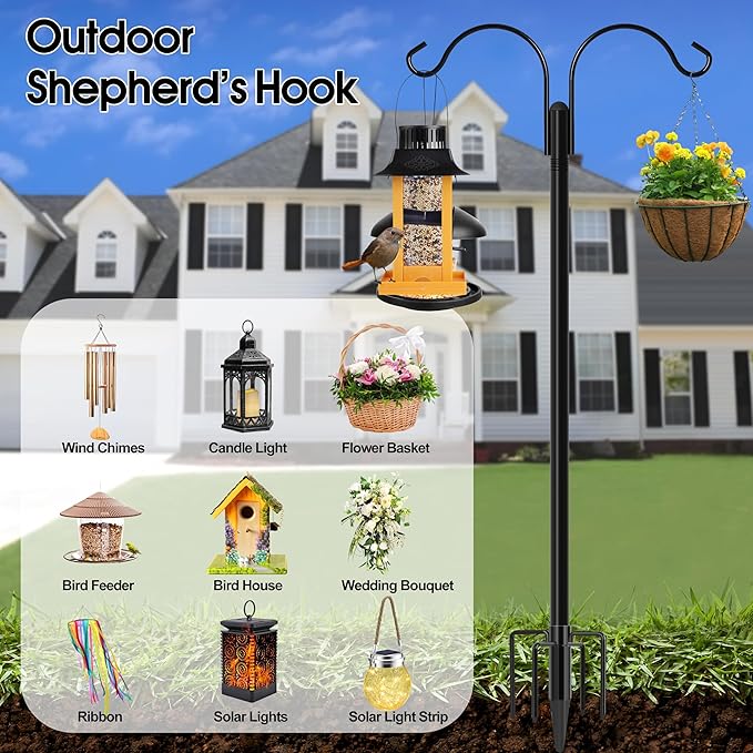 Ottsuls Bird Feeder Pole, 2 Pack 108 INCH Double Shepherds Hooks for Outdoor, with 5 Base Prongs Heavy Duty Tall Garden Planter Hooks for Hanging Flower Basket, Lantern, Hummingbird Feeder